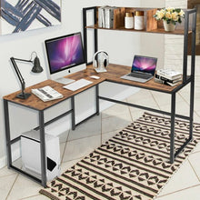 Load image into Gallery viewer, Industrial L-Shaped 55&quot; Corner Computer Gaming Table with Bookshelf-Coffee
