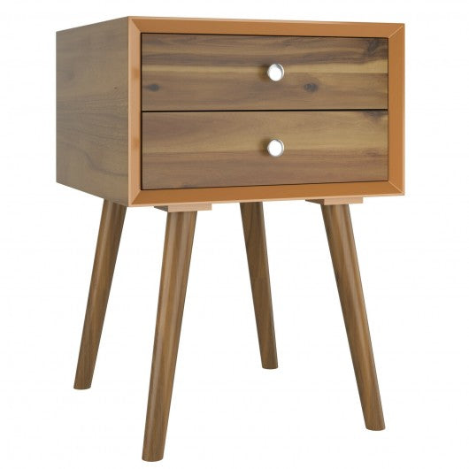 Wooden Nightstand Mid-Century End Side Table with 2 Storage Drawers-Natural