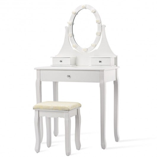 3 Drawers Lighted Mirror Vanity Dressing Table Stool Set-White