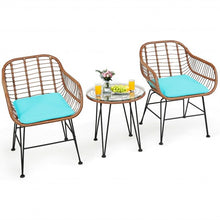 Load image into Gallery viewer, 3 Pcs Patio Rattan Bistro Set with Cushion-Turquoise
