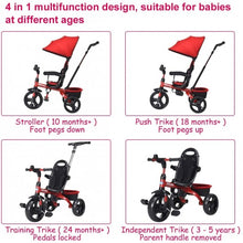 Load image into Gallery viewer, 4-in-1 Kids Tricycle with Adjustable Push Handle-Red
