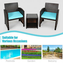 Load image into Gallery viewer, 3 Pieces PE Rattan Wicker Furniture Set with Cushion Sofa Coffee Table for Garden-Turquoise
