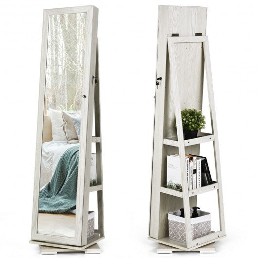 360? Rotatable Armoire 2-in-1 Lockable Mirrored Jewelry Cabinet-White