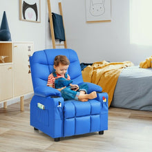 Load image into Gallery viewer, PU Leather Kids Recliner Chair with Cup Holders and Side Pockets-Blue
