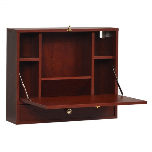Wall Mounted Folding Laptop Desk Hideaway Storage with Drawer-Brown