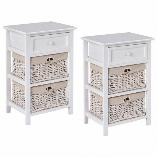 3 Tier Set of 2 Wood Nightstand with 1 & 2 Basket Drawer -White