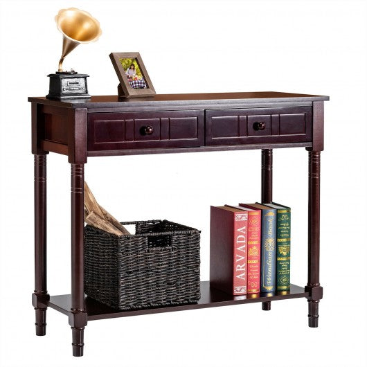 Console Accent Sofa Table with Drawers and Bottom Shelf-Brown