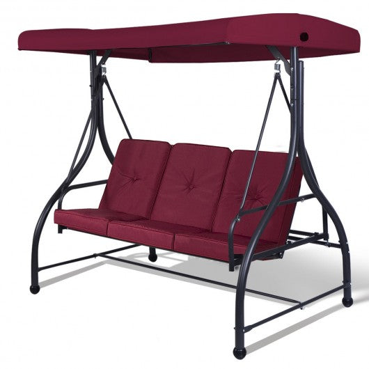3 Seats Converting Outdoor Swing Canopy Hammock with Adjustable Tilt Canopy-Wine