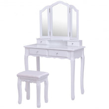 Load image into Gallery viewer, Tri Folding Mirror Vanity Table Stool Set w/ 4 Drawers and Cushioned Stool-White
