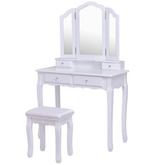 Tri Folding Mirror Vanity Table Stool Set w/ 4 Drawers and Cushioned Stool-White