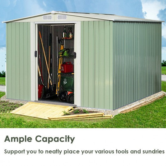 8x8 ft Outdoor Garden Galvanized Steel Storage Shed with Sliding Door-Light Green