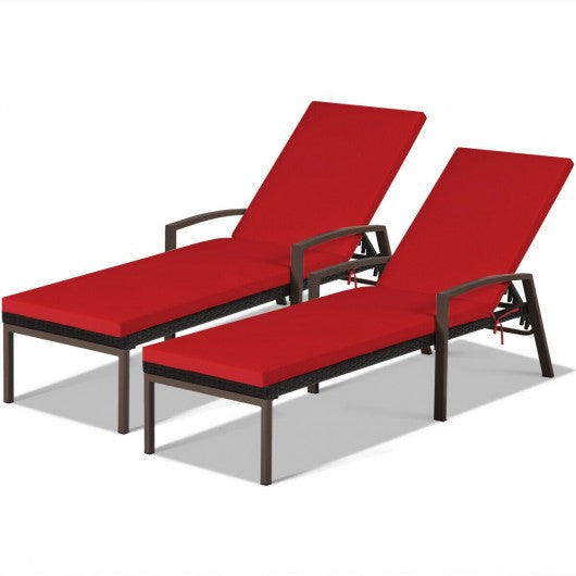 2 pcs Patio Rattan Adjustable Back Lounge Chair-Red