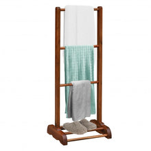 Load image into Gallery viewer, 3-Bar Acacia Wood Freestanding Bathroom Towel Rack  w/Bottom Storage Shelf-Brown
