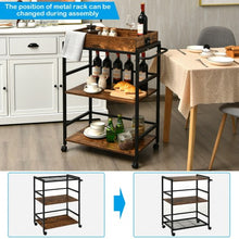 Load image into Gallery viewer, 3-Tier Kitchen Serving Bar Cart with Lockable Casters and Handle Rack for Home Pub-Rustic Brown
