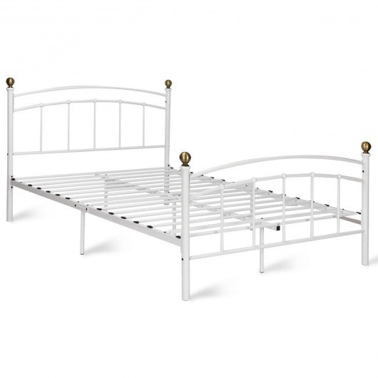 Queen Size Metal Bed Frame Platform Metal Slat-White