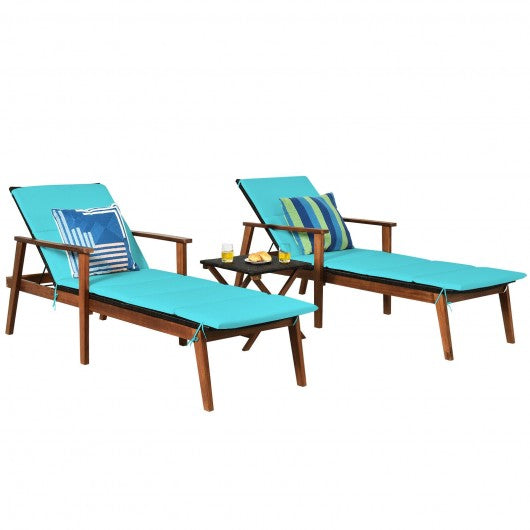 3Pcs Protable Patio Cushioned Rattan Lounge Chair Set w/ Folding Table-Turquoise