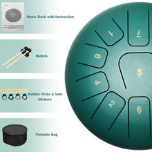 Load image into Gallery viewer, 10&quot; High Carbon 11 Notes Steel Tongue Drum with Drum Hammer-Green
