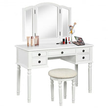 Load image into Gallery viewer, Tri-Fold Mirror Table Stool Wooden Vanity Make Up Dressing Set-White
