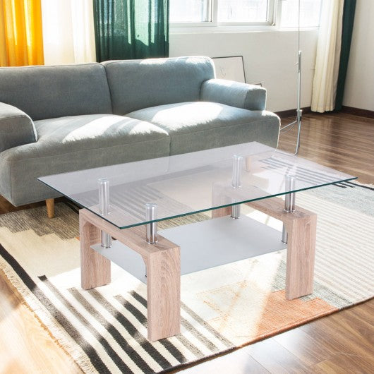 Rectangular Glass Coffee Table Shelf Wood Living Room Home Furniture-Dark wooden