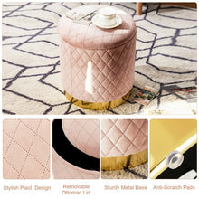 Load image into Gallery viewer, Round Storage Ottoman with Exquisite Pattern and Golden Metal Base for Bedroom
