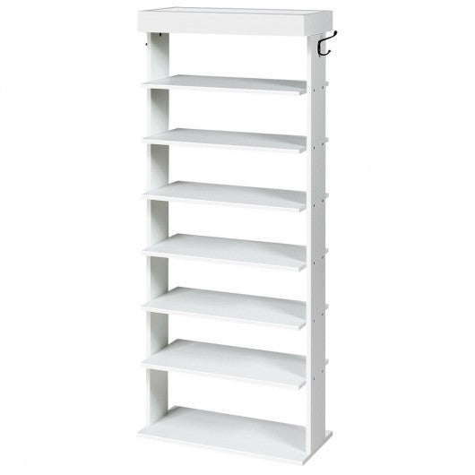 7-Tier Vertical Design Wooden Shoe Storage Shelf with Hooks-White