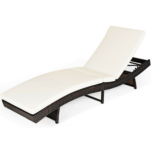 Patio Folding Adjustable Rattan Chaise Lounge Chair with Cushion-White