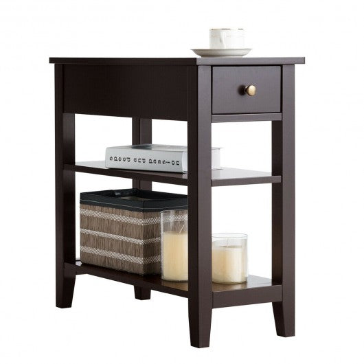 3-Tier Nightstand Bedside Table Sofa Side with Double Shelves Drawer-Coffee