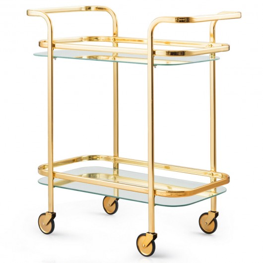 2 Tier Metal Frame Rolling Kitchen Cart with Glass Shelves