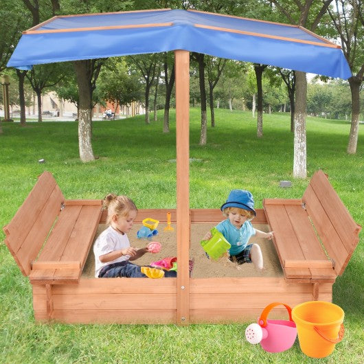 Children Outdoor Retractable Sandbox  with Canopy Bench Seat