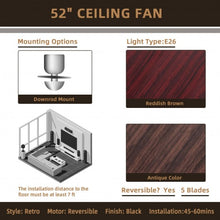 Load image into Gallery viewer, 52&quot; Electric Ceiling Fan with 5 Blades and 3 Lights for Living Room and Bedroom
