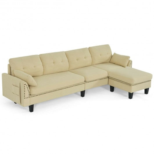 Convertible 4-Seat L-Shaped Sectional Sofa Couch with Storage Ottoman-Beige