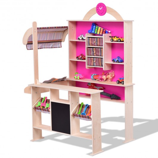 Pink Kids Wooden Toy Shop Market Shopping Pretend Play Set