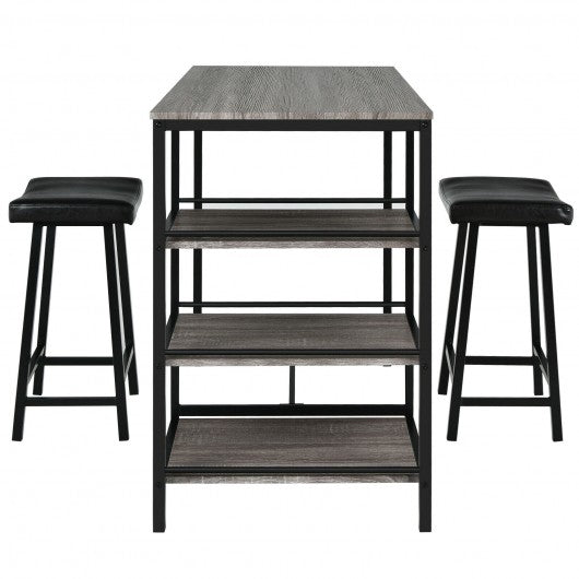 3 Pcs Counter Height Dining Bar Table Set w/ 2 Stools and 3 Storage Shelves-BK