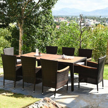 Load image into Gallery viewer, 9 Pcs Patio Rattan Dining Set 8 Chairs Cushioned Acacia Table Top
