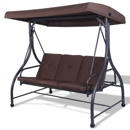 3 Seats Converting Outdoor Swing Canopy Hammock w/ Adjustable Tilt Canopy-Brown