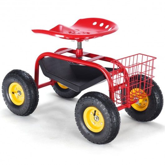 Garden Cart Rolling Work Seat With Heavy Duty Tool Tray Gardening Planting-Red