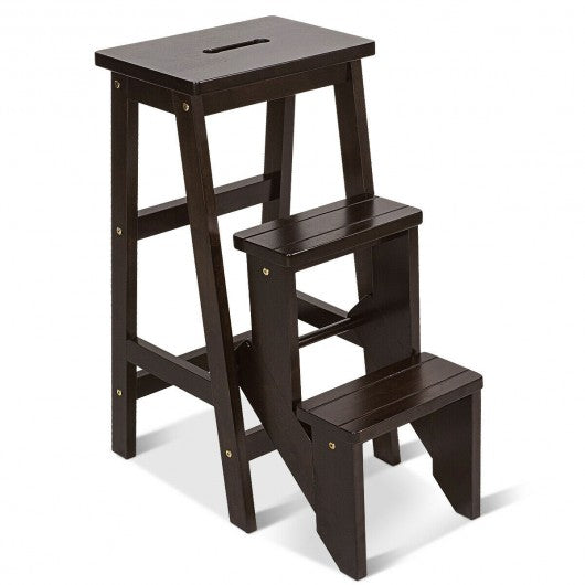Folding Multi-functional 3-tier Ladder Wood Step Stool-Coffee