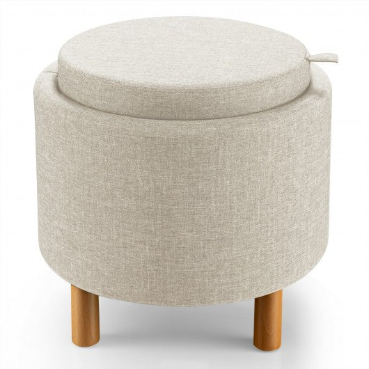 Round Storage Ottoman with Tray Top Accent Padded Footrest-Beige