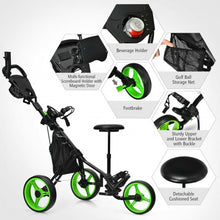 Load image into Gallery viewer, 3 Wheels Folding Golf Push Cart with Seat Scoreboard and Adjustable Handle-Green

