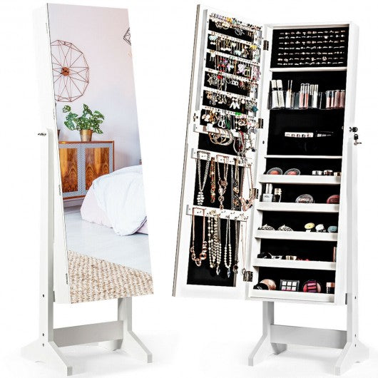 Standing Jewelry Armoire Cabinet with Full Length Mirror-White