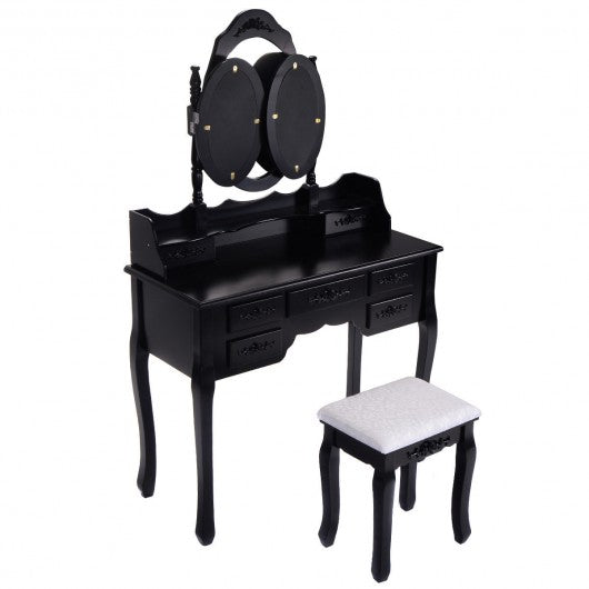 Black/White Vanity Makeup Dressing Table w/ Tri Folding Mirror + 7 Drawers-Black