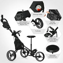 Load image into Gallery viewer, 3 Wheels Folding Golf Push Cart with Seat Scoreboard and Adjustable Handle-Gray
