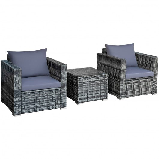 3 Pcs Patio Rattan Furniture Bistro Set with Cushioned Sofa