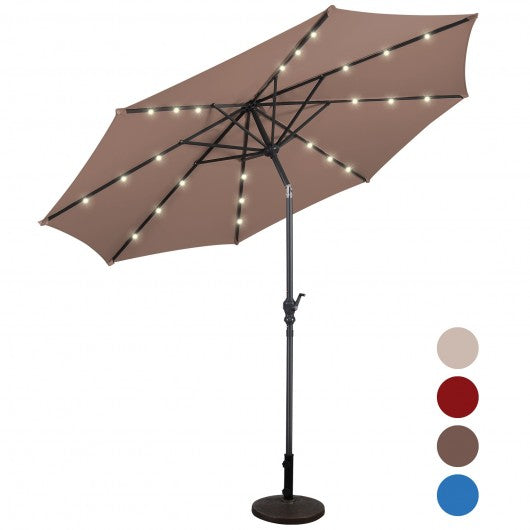 10FT Patio Solar Umbrella LED Patio Market Steel Tilt W/ Crank Outdoor New-Tan