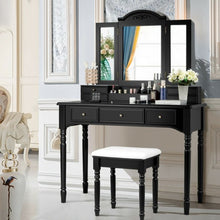 Load image into Gallery viewer, Makeup Dressing Table with Tri-Folding Mirror and Cushioned Stool for Women
