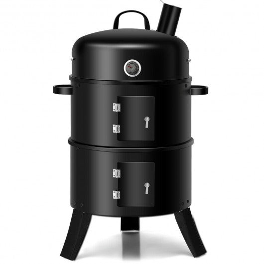 3-in-1 Portable Round Charcoal Smoker BBQ Grill Built-in Thermometer