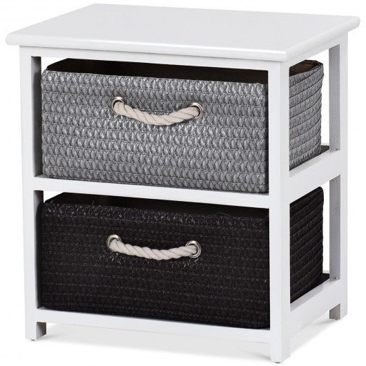 Wooden Storage End Nightstand  with Weaving Baskets-2-Tier