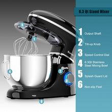 Load image into Gallery viewer, 6.3 Qt 6 Speed 660W  Tilt-Head Food Stand Mixer-Black
