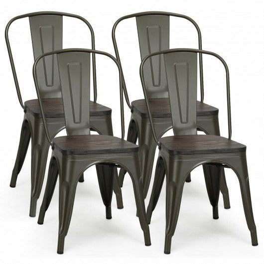 4 pcs Tolix Style Metal Dining Side Chair Stackable Wood Seat-Black