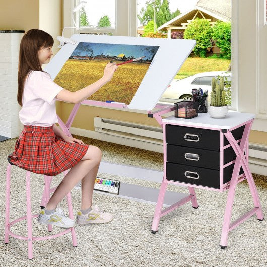 Drafting Table Art & Craft Drawing Desk Art Hobby Folding Adjustable w/ Stool-pink